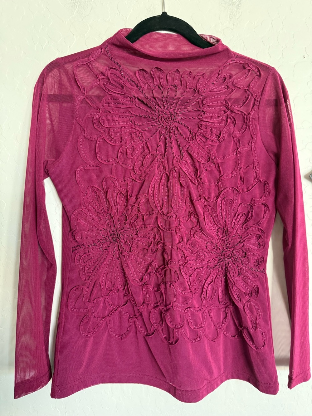 HELLO BEAUTIFUL Vintage Embroidered Purple/Fushia Top  - Sheer Sleeves - S/M